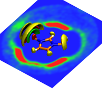 A Spatial Distribution Function (SDF); the cut plane shows the particle density in the XY plane.