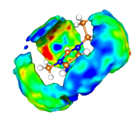 A Spatial Distribution Function (SDF) with average velocity mapped onto its surface. Blue means slow and red means fast.